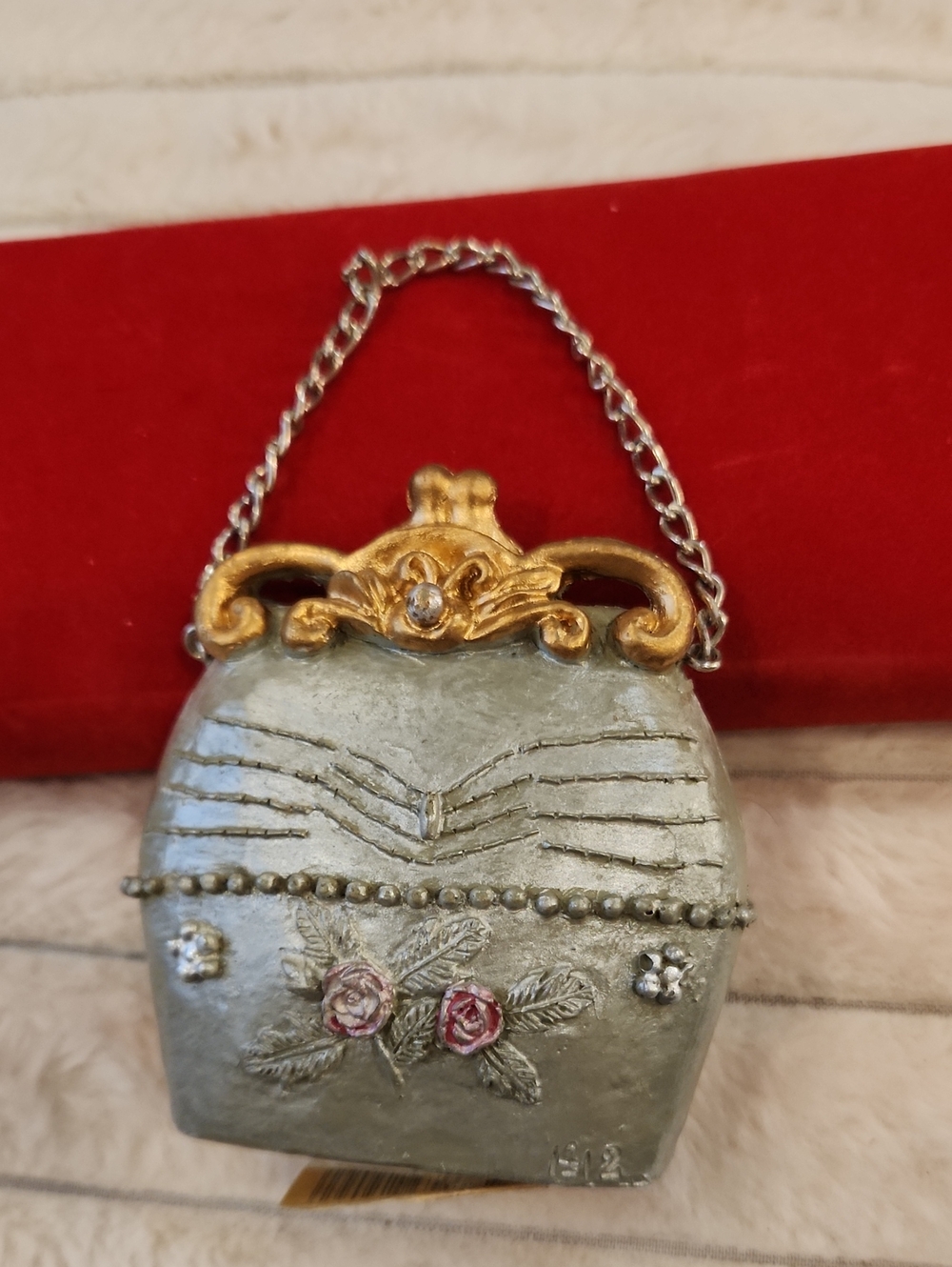 Vintage-Inspired Small Women's Handbag Pendant in Sage Green and Gold